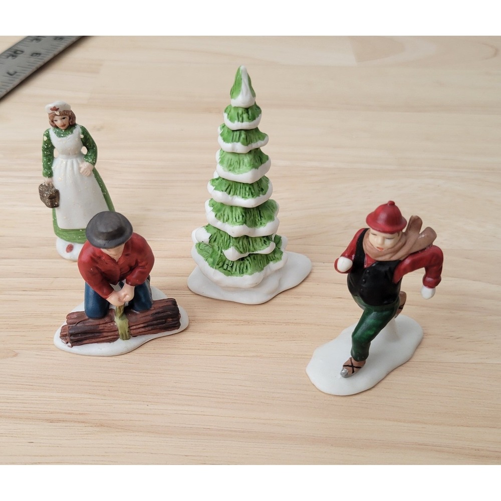 Vtg Dept 56 Ceramic Christmas Village Figurines Tree Wood Chopper Skater Woman